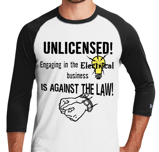 A man wearing a black and white shirt with the words " unlicensed !" on it.